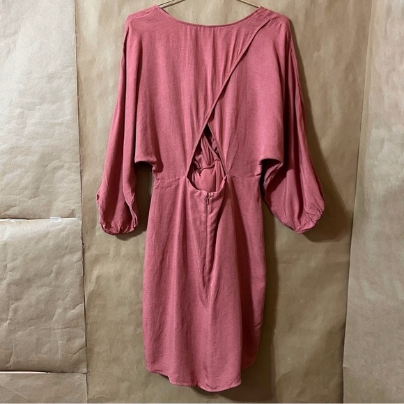 Anthropologie NWT Puff Sleeve Wrap Mini Dress Linen Blend Tie Front Pink Size 8 - Picture 12 of 16